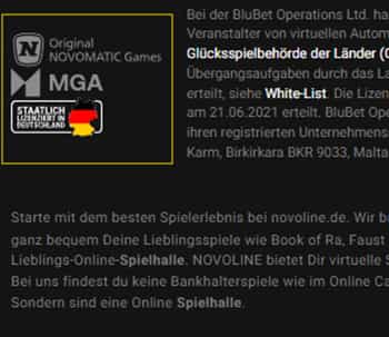 Novoline Footer mit Infos zu Sicherheit und Lizenzen