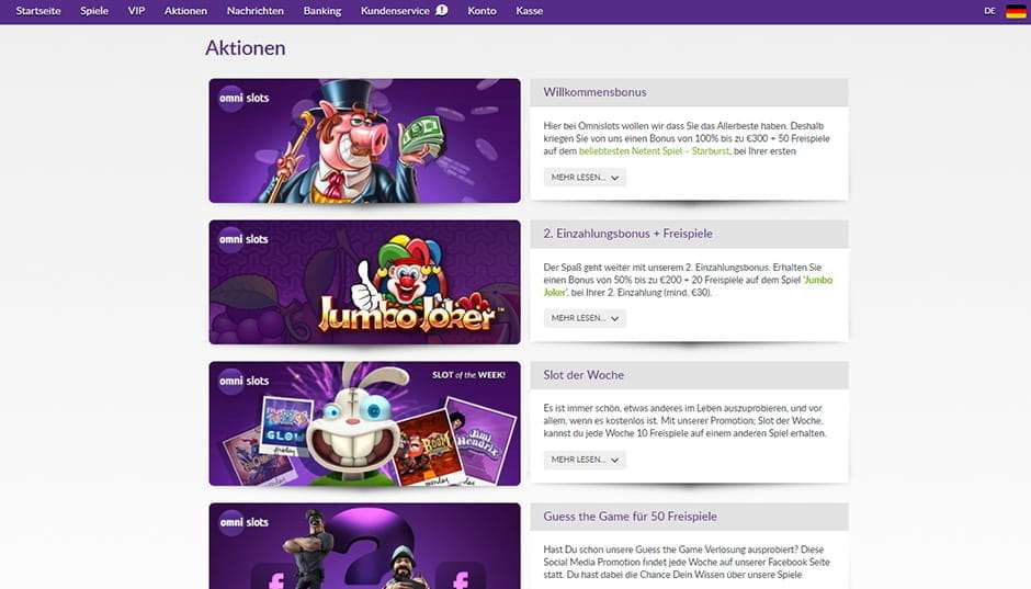 Eine Übersicht der verfügbaren Aktionen wie Willkommensbonus, Einzahlungsbonus oder Slot der Woche im Omni Slots Casino.
