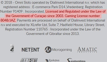 Der Footer der mobilen Webseite des Omni Slots Casinos enthält Angaben zur Lizenzierung durch die Curacao eGaming Authority, zu den Dienstleistern, welche die Spielmechanik überprüfen (iTech Labs, Gaming Labs International) sowie zu dem verwendeten 128bit SSL Datenverschlüsselungsstandart