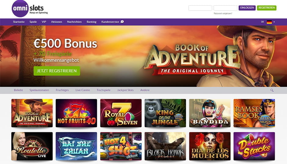 Das Bild zeigt die Webseite des Omni Slots Casinos. In der oberen Menüleiste befinden sich wichtige Punkte wie Spiele, VIP, Aktionen, Nachrichten, Banking oder Kundenservice. Darunter ist eine Übersicht der Spiele ersichtlich.