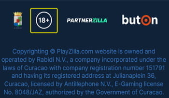 Der Footer des PlayZilla Casinos mit allen Logos und Zertifikaten.