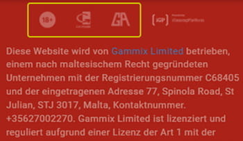 Der mobile Footer des RANT Casinos mit Infos zur Sicherheit und Lizenz.