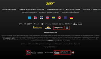 Der Footer der Rizk Casino Webseite. Dort erfahrt ihr alle Informationen zur Lizensierung (Malta Gaming Authority), Datenverschlüsselung (Comondo) sowie nützliche Anlaufstellen für problematisches Spielverhalten (GamCare).