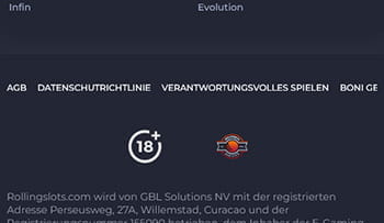 Der Footer der mobilen Webseite des Rolling Slots Casinos.