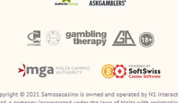 Der Footer auf der Samosa Casino Seite mit Logos und Unternehmensinformationen.