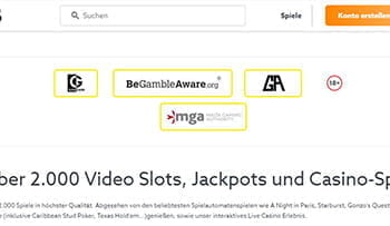Der Footer von Scatters mit dem Logo der Malta Gaming Autohrity , Gamblers Anonymous und weiteren Organisationen.