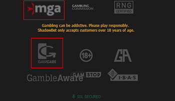 Das Bild zeigt den Footer der ShadowBet Webseite. Unten sind die Regulierungsbehörden Malta Gaming Authority und UK Gambling Commission sowie die ORganisationen GamCare, BeGambleAware und GamblersAnonymous aufgelistet, mit denen ShadowBet zusammenarbeitet.