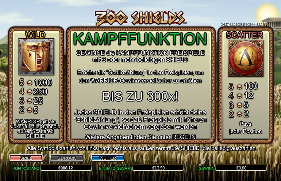 Der Menüpunkt zu den Freispielen des Slots 300 Shields.