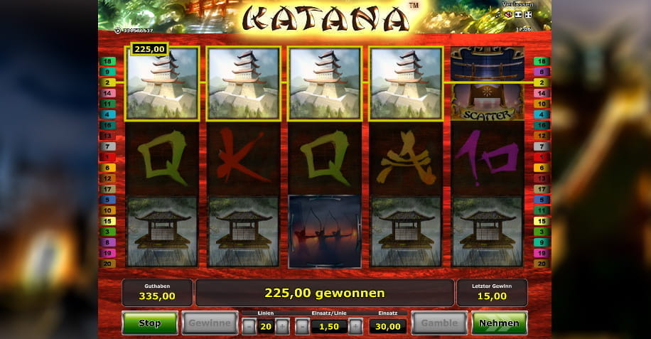 Eine Spielszene mit einem hohen Gewinn beim Katana Online Spielautomat