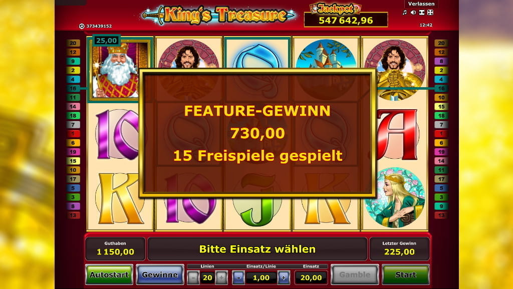 Ein Feature-Gewinn nach Freispielen beim King's Treasure Online Automatenspiel