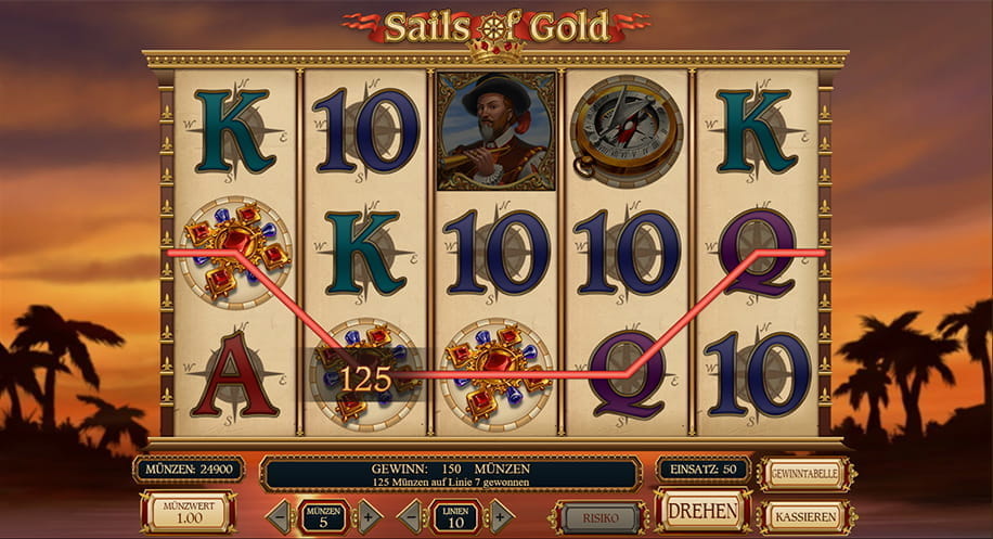 Ein Gewinn mit drei Wappen beim Sails of Gold Spielautomaten