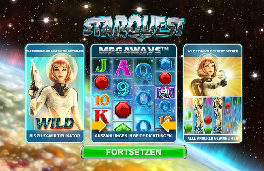 Eine Übersicht über die Features, Gewinnlinien und Multiplier des Starquest Slots vom Software Entwickler Big Time Gaming.