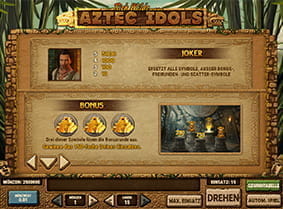 Erklärung zum Joker und den Bonusfunktionen beim Slot Aztec Idols.
