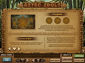 Informationen zu den Freispielen und dem Extra-Scatter beim Spielautomaten Aztec Idols.