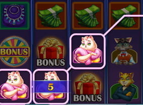 Eine der Gewinnlinien im Spielablauf des Slots Cats and Cash vom Software Entwickler Play'n GO.