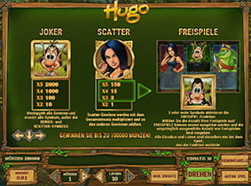 Infos zum Wild, dem Scatter sowie zu den Freispielen beim Slot Hugo von Play'n GO