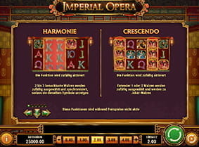 Die Funktionen Harmonie und Crescendo im Imperial Opera Spielautomat.