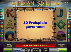 10 Freispiele wurden beim Indian Spririt Online Slot gewonnen