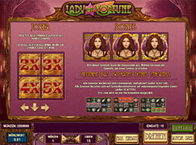 Informationen zum Joker und der Bonusfunktion beim Spielautomaten Lady of Fortune.