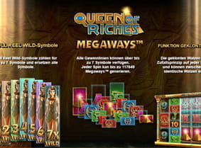 Die Übersicht über die Full Reel Wild-Symbole, über die Gewinnlinien sowie die Funktion der geklonten Walzen des Spiels Queen of Riches vom Software Hersteller Big Time Gaming.
