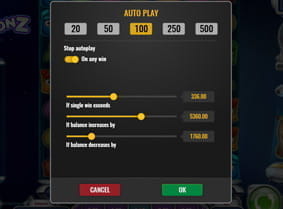 Das Menü mit den Autoplay Einstellungen des Reactoonz Spielautomaten.