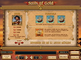 Erklärungen zum Joker und den Freispielen im Menü vom Slot Sails of Gold.