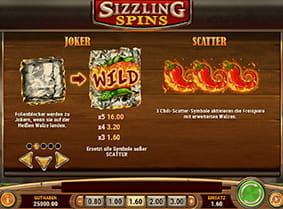 Spielinformation zu Joker und Scatter Symbolen beim Slot Sizzling Spins.