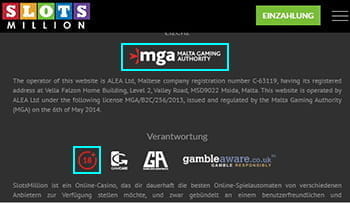 Der Footer der Webseite mit Informationen zur Regulierung und Überprüfung des Anbieters.