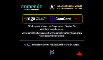 Der untere Bereich der Webseite von Sons of Slots und Logos der Glücksspielbehörde und Hilfsorganisationen.