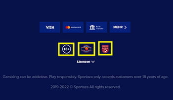 Der Footer der mobilen Webseite des Sportaza Casino.