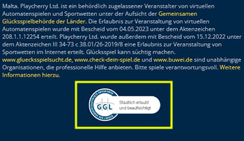 Das Bild zeigt den unteren Teil der mobilen Webseite. Ihr könnt aus diesem relevante Informationen wie Lizenz und Spielsuchtprävention entnehmen.