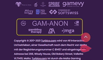 Das Logo der Glücksspielbehörde und von Hilfsorganisationen im unteren Bereich der Turbico Webseite.