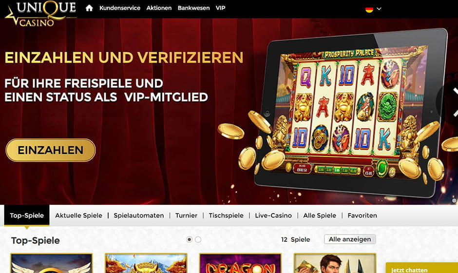 Die Startseite vom Unique Casino.