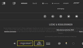 Zu sehen ist der Footer der Webseite von Vegas Hero. In diesem findet ihr wichtige Informationen über die Lizenzierung (Malta Gaming Authority) und Anlaufstellen für Spieler mit problematischem Spielverhalten.