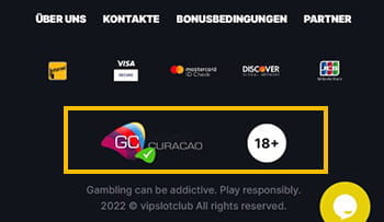 VIP Slot Club Footer mit Infos zu Sicherheit und Lizenzen