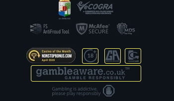 Der mobile Footer des V.Vegas Casinos mit Infos zur Sicherheit und Lizenz.