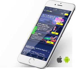Die mobile Spielauswahl von William Hill auf einem Smartphone und die Symbole für Android und iOS.