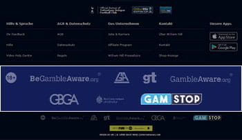 Der Footer der Webseite des William Hill Casinos zeigt das Logo der Regulierungsbehörde von Gibraltar sowie das Logo von Gamblers Anonymous.