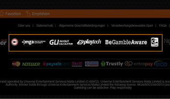 Das Bild zeigt den Footer des Webseite von Winner. Hier findet ihr sicherheitsrelevante Informationen über die Lizenzierung durch die MGA, die technische Überprüfung durch die GLI und das Logo von 18+.