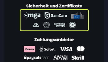 Winny Casino Footer mit allen Logos und Zertifikaten.