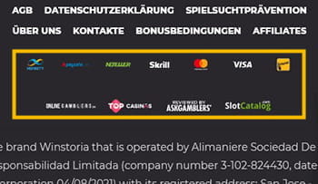 Winstoria Footer mit Infos zu Sicherheit und Lizenzen