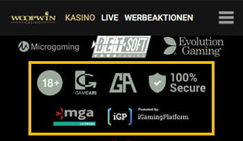 Woopwin Footer mit Infos zu Sicherheit und Lizenzen