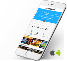Das Bild zeigt die mobile Wunderino Webseite mit dem Suchfeld, und einigen Spielen.