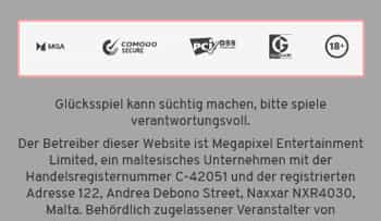 Der Footer der Wunderino Webseite enthält Informationen zur Lizenzierung und Sicherheit.