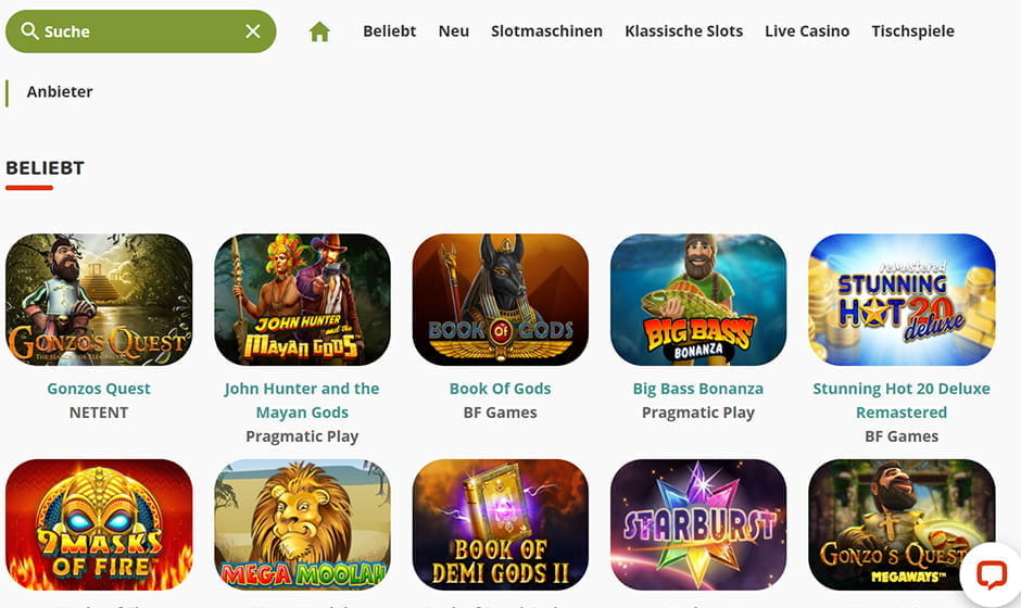 Die YaaCasino Startseite mit den wichtigsten Kategorien.