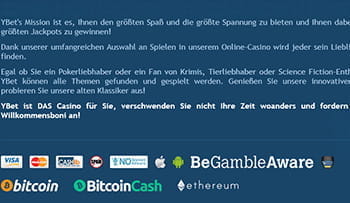 Ybet Footer mit Infos zu Sicherheit und Lizenzen