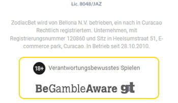 Der Footer von Zodiacbet mit Infos zur Lizenz und Kooperationspartnern.