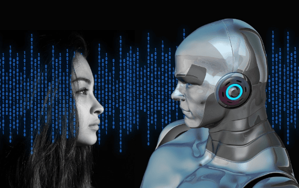 Frau und gerenderter Roboter blicken sich an, drumherum befinden sich Zahlen im Binärcode