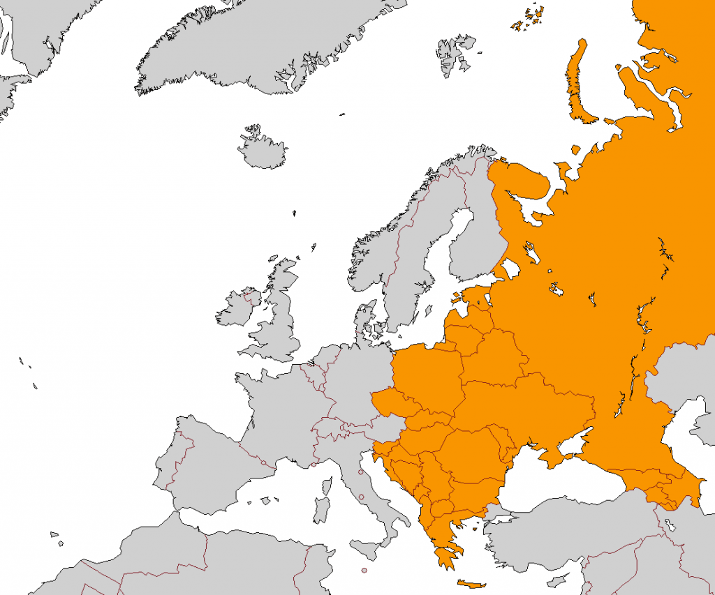 Das Bild zeigt eine Karte des eurasischen Kontinents, bei dem die Staaten östlich von Deutschland, Österreich und Italien orange eingefärbt sind.