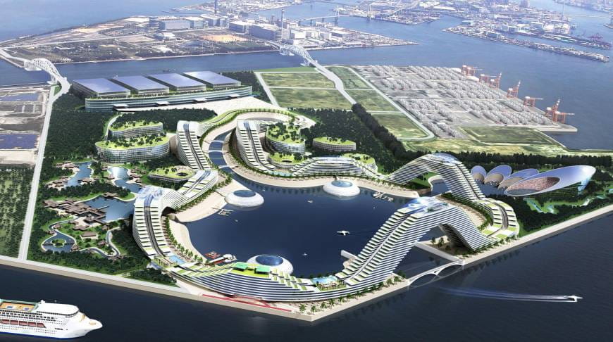 Eine digitale Illustration eines der geplanten, hochmodernen Casino-Resorts in Japan.